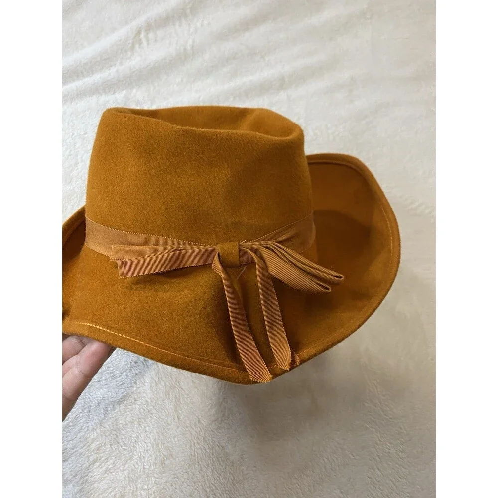 Vintage 1950s RITZ Henry Pollak Inc 100% Wool Mustard Gold Fedora Hat Bow Sz 22